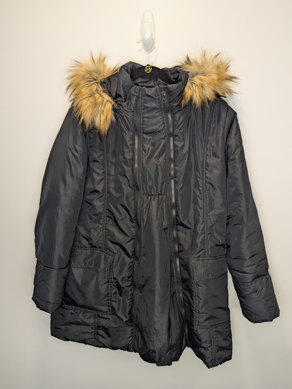 Modern Eternity Women's Maternity Black Puffer Coat Jacket Faux Fur Trim Large